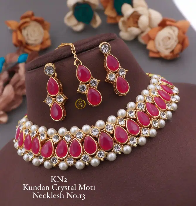 KN 12 designer Kundan Crystal Moti Necklace Set Wholesale Price In Surat
